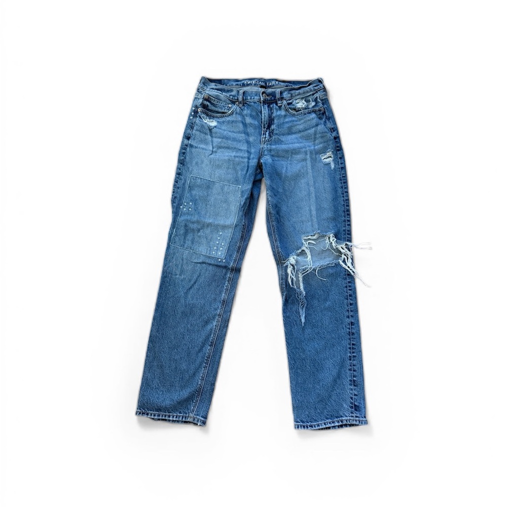 AMERICAN EAGLE Womens Jeans Distressed Patchwork Straight Leg Boho Grunge Size 8